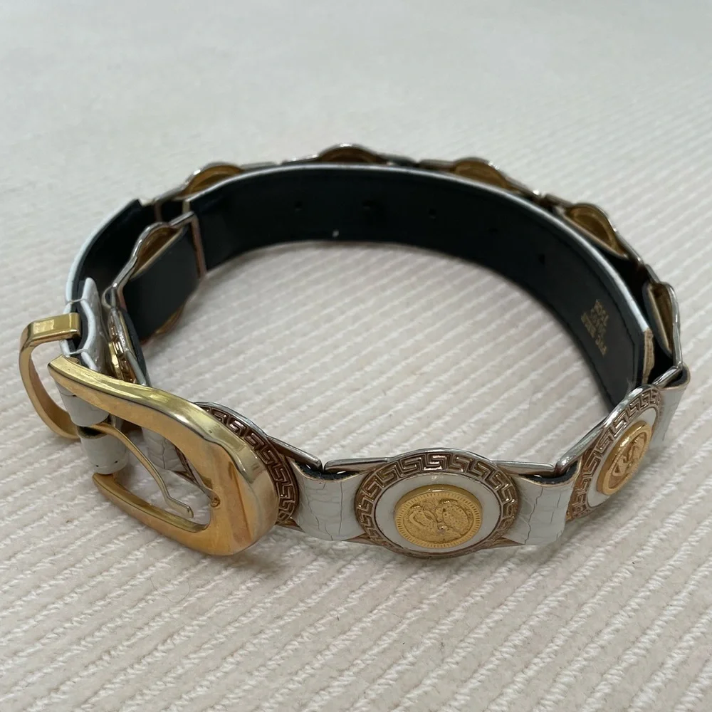 White Leather And Gold Belt With Leopard Medallions